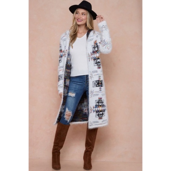 Aztec Rainbow Boho Cowichan Jacquard Eyelash Fuzzy Cardigan Knit Sweater - Picture 2 of 6